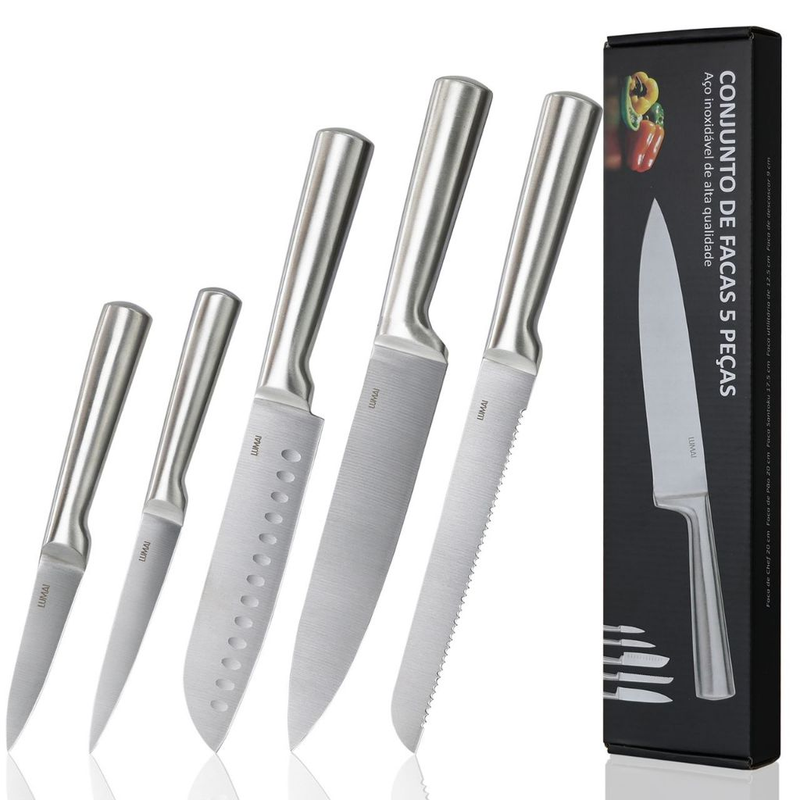 Lumai Conjunto 5 Facas de Cozinha Original Zurich Aço Inox Legitimo Profissional Kit Chef Santoku